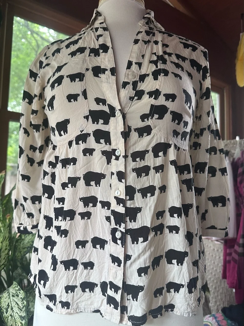 Maeve by Anthropologie Ivory and Black Printed Button-Front Blouse with bears - Picture 5 of 7
